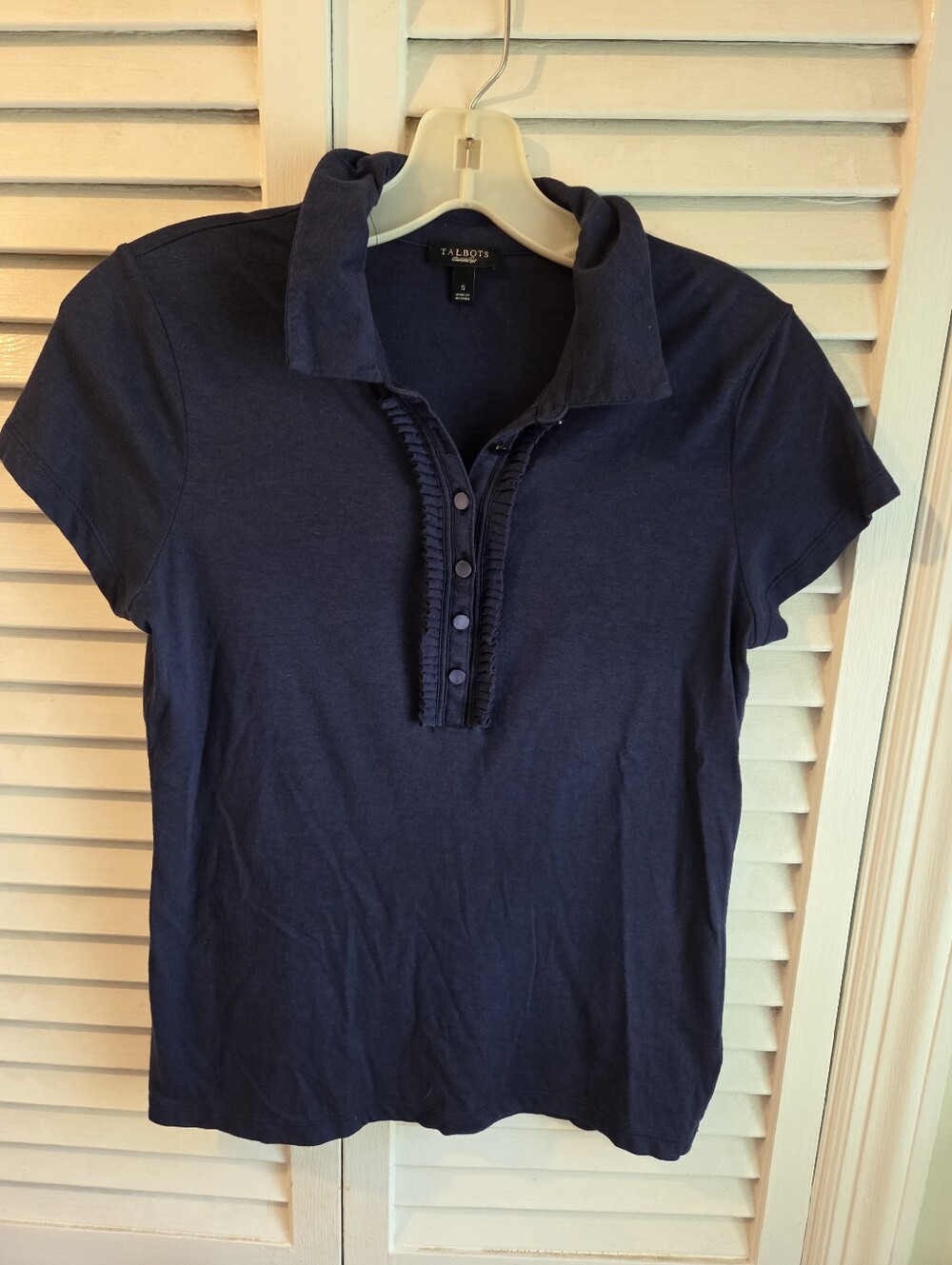 Talbots Womens S Navy Blue Top w/ 5 Buttons Collared Neck Light Knit VG Con $95